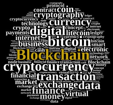 Illustration with word cloud with the word Blockchain.