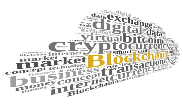 Illustration with word cloud with the word Blockchain.