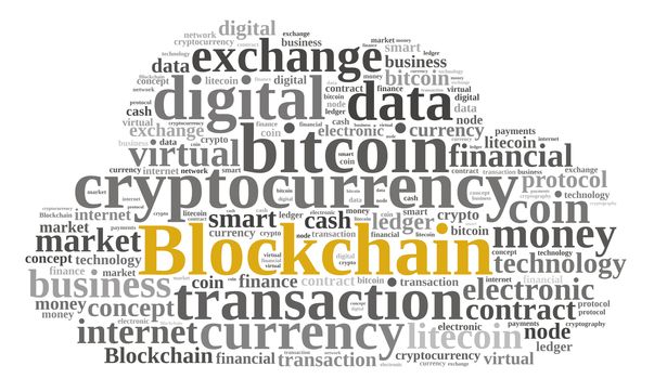 Illustration with word cloud with the word Blockchain.