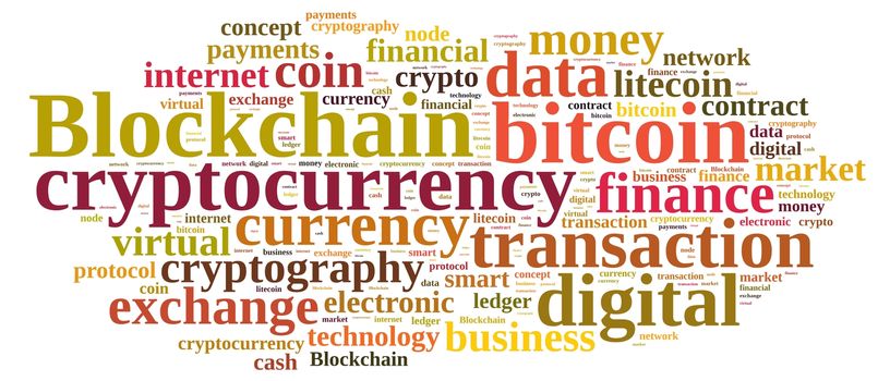 Illustration with word cloud with the word Blockchain.