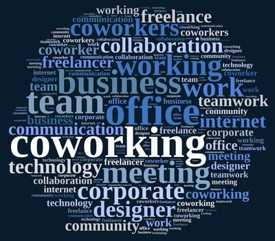 Illustration with word cloud with the word coworking.