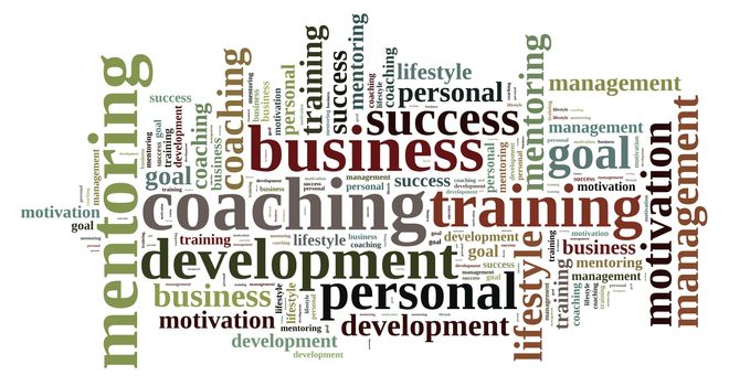 Illustration with word cloud, related to coaching.