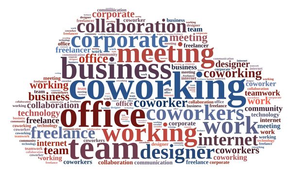 Illustration with word cloud with the word coworking.