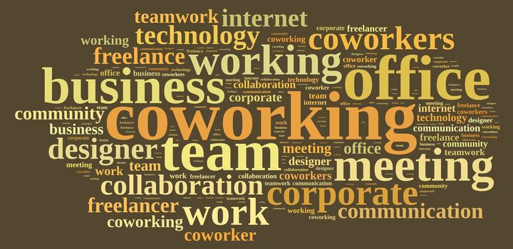 Illustration with word cloud with the word coworking.