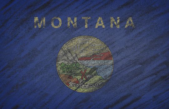 Close-up of national Montana state flag painted with colored chalk on a blackboard. 3D rendering