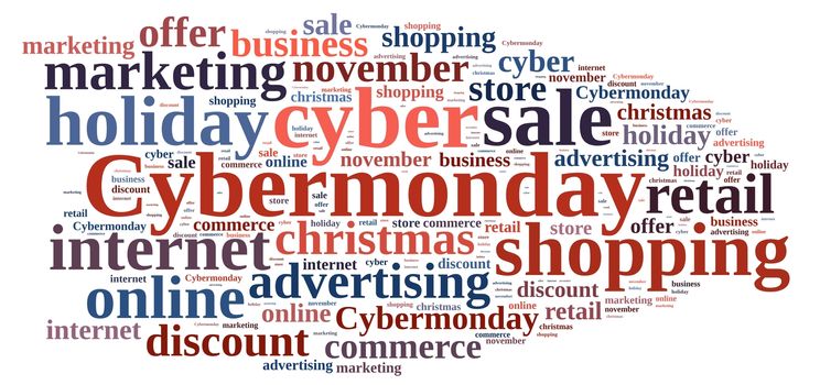 Illustration with word cloud on Cyber Monday.