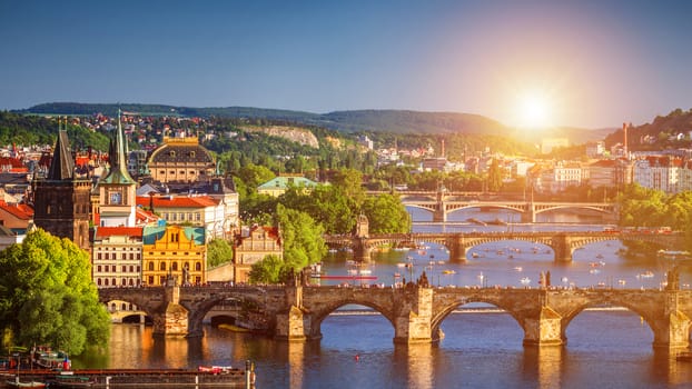 Prague Scenic spring sunset aerial view of the Old Town pier architecture and Charles Bridge over Vltava river in Prague, Czech Republic