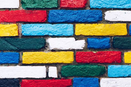 Burano, Venice, Italy. Brightly painted exterior brick wall in the colors of the rainbow. Burano village is famous for its colorful houses which are visible to the fishermen from the lagoon in mist. Venice, Italy.