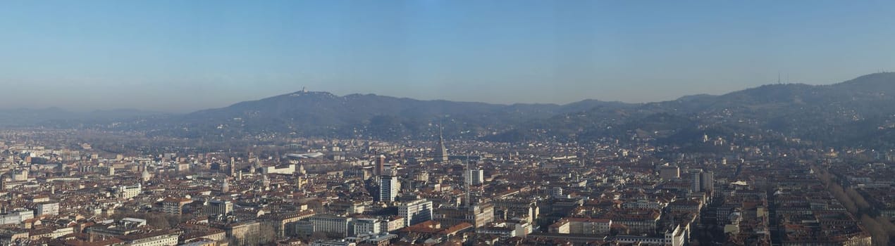 Wide panoramic aerial view of the city of Turin, Italy