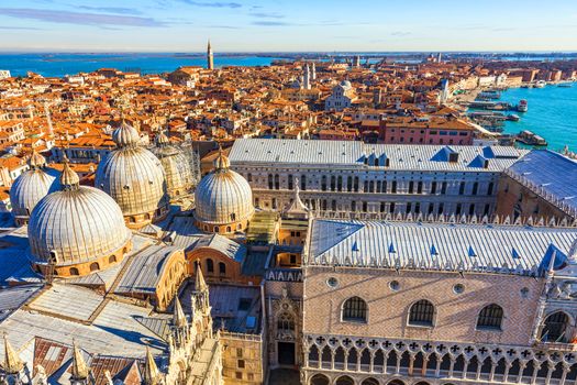 View of the dome of San Giorgio Maggiore church and Giudecca Canal in Venice, Italy. Amazing aerial view on the beautiful Venice, Italy. Venice from above, Venice landmark with old buildings.
