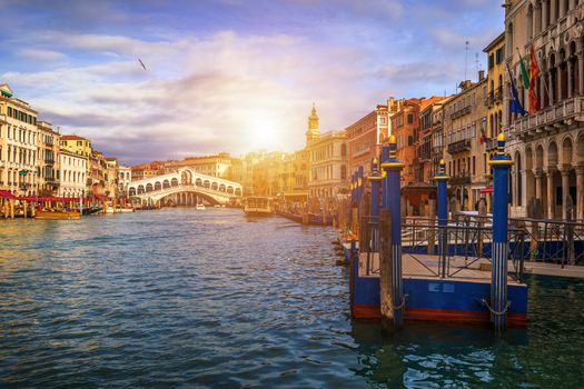 Grand Canal with gondolas in Venice, Italy. Sunset view of Venice Grand Canal. Architecture and landmarks of Venice. Venice postcard