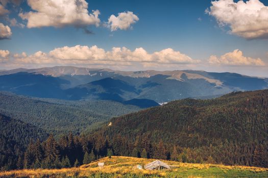 Summer alpine Transylvania landmark, landscape with green fields and valleys, high Piatra Craiului mountains, Carpathians, Transylvania, Romania, Europe