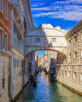 View of the Bridge of Sighs (Ponte dei Sospiri) and the Rio de Palazzo o de Canonica Canal from the Riva degli Schiavoni in Venice, Italy. The Ponte de la Canonica is visible in background.