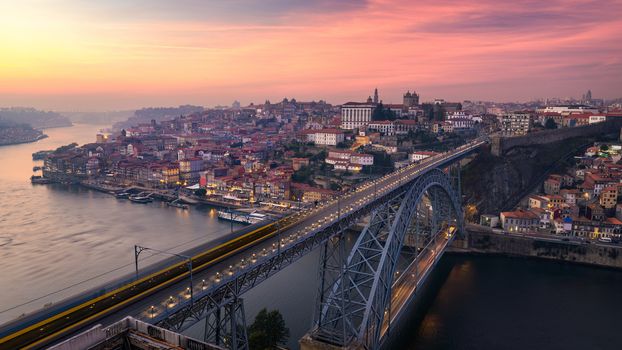 View of the historic city of Porto with the Dom Luiz bridge. Portugal, Porto