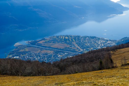 View of Locarno and Lake Maggiore from the Cardada-Cimetta mountain range. Ticino canton, Switzerland