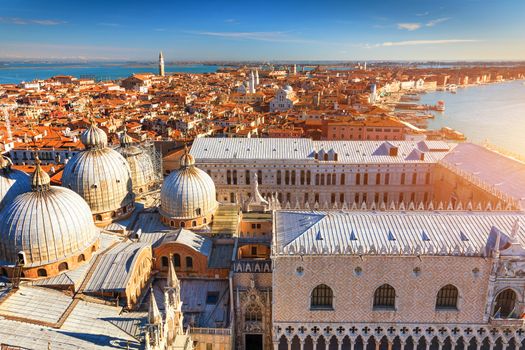 View of the dome of San Giorgio Maggiore church and Giudecca Canal in Venice, Italy. Amazing aerial view on the beautiful Venice, Italy. Venice from above, Venice landmark with old buildings.