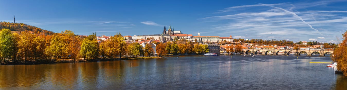 Prague Castle and Old City day view with blue sky, travel vivid autumn european background. Czech Republic