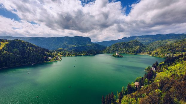 Lake Bled Slovenia. Beautiful mountain Bled lake with small Pilgrimage Church. Most famous Slovenian lake and island Bled with Pilgrimage Church of the Assumption of Maria. Bled, Slovenia.