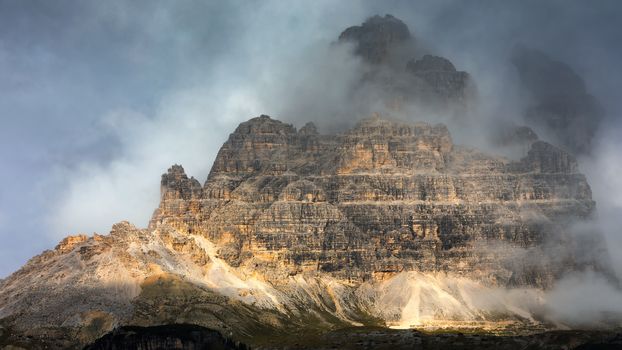 Drei Zinnen or Tre Cime di Lavaredo, Sextener Dolomiten or Dolomiti di Sesto, South Tirol, Dolomiten mountains view, Italian Alps