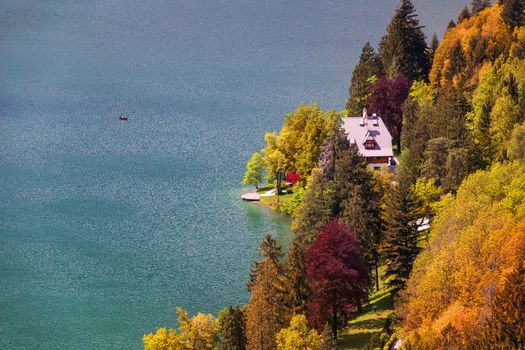 Autumn view on Bled Lake with Pilgrimage Church of the Assumption of Maria. Top view Bled, Slovenia, Europe. Autumn Lake Bled. Lake Bled with small Bled Island during autumn. Bled, Slovenia.