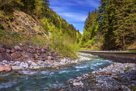 Pastoral in the Alpine mountain valley in Austria. Rapid mountain stream. Mountain river and green forest.