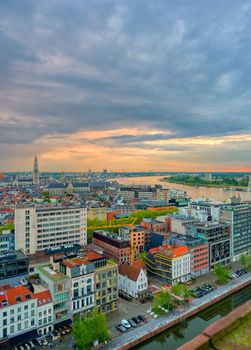 An aerial view of Antwerp, Belgium at sunset.