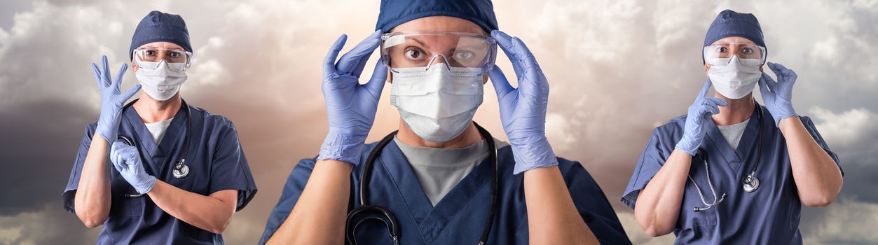Set of Doctors or Nurses Wearing Personal Protective Equipment Over Ominous Clouds.