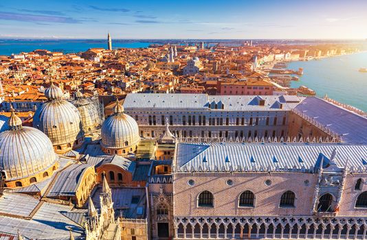 View of the dome of San Giorgio Maggiore church and Giudecca Canal in Venice, Italy. Amazing aerial view on the beautiful Venice, Italy. Venice from above, Venice landmark with old buildings.