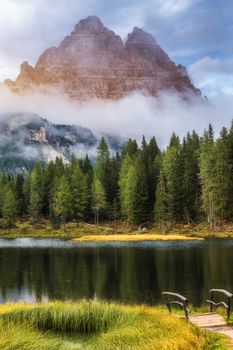Antorno lake with famous Tre Cime di Lavaredo (Drei Zinnen) mount. Dolomite Alps, Province of Belluno, Italy, Europe. Beauty of nature concept background.
