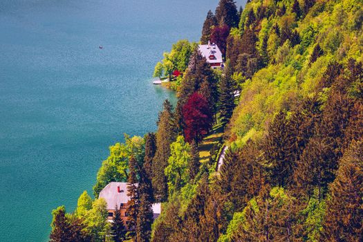 Lake Bled Slovenia. Beautiful mountain lake with beautiful houses on the shore. Bled lake is the most famous lake in Slovenia. Bled, Slovenia.