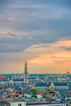 An aerial view of Antwerp, Belgium at sunset.