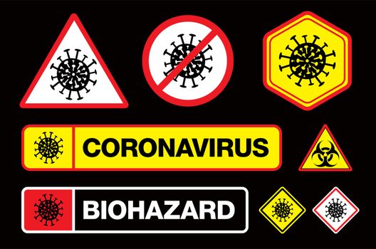 Covid-19 Coronavirus Sign with Illustration of Virus Itself. Lockdown. Pandemic. Outbreak. Stickers or Emblems Set.