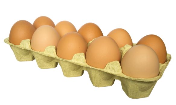 A carton of ten eggs isolated on white background. Clipping path included.