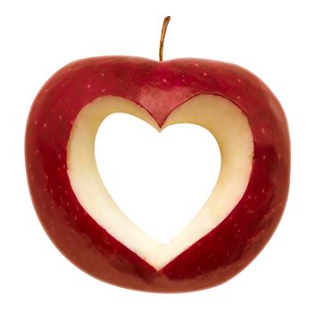 Red apple with a heart symbol isolated on white. Clipping path included.