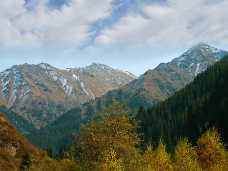 Panorama view of beautiful mountains landscape in alps