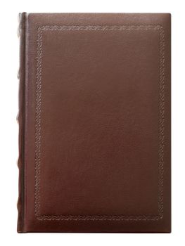 Book in leather blank cover with stamped isolated on white. Clipping Path included.