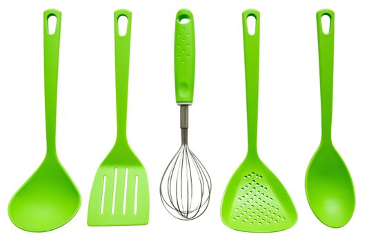 Plastic kitchen utensils isolated on white. Clipping path included.