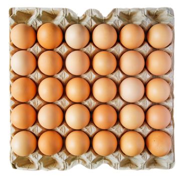 Carton box of thirty eggs isolated on white background. Clipping path include.