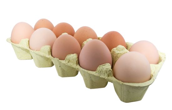 A carton of ten eggs isolated on white background. Clipping path include.