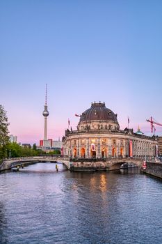 Berlin, Germany - May 4, 2019 - The Bode Museum located on Museum Island in the Mitte borough of Berlin, Germany at dusk.