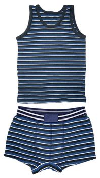 Front view of blue striped sleeveless sports shirt and underwear boxer shorts isolated on white background. Clipping path included.