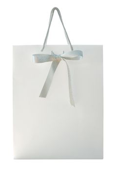 White shopping bag with bow isolated on white. Clipping path included.
