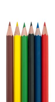 Six wooden color pencils isolated on white background. Clipping path included.