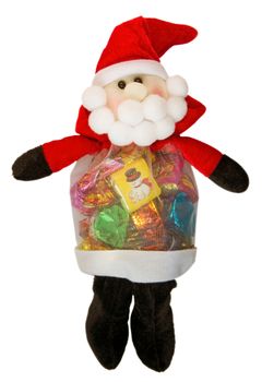 Santa Claus doll with chocolate sweets inside. Clipping Path.