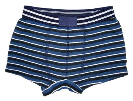 Front view of blue striped underwear boxer shorts isolated on white background. Clipping path included.