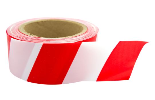 Roll of red white interdictory tape isolated on white. Clipping path included.