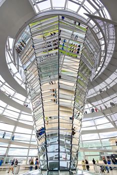 Berlin, Germany - May 4, 2019 - The interior of the glass dome on top of the rebuilt Reichstag building in Berlin, Germany.