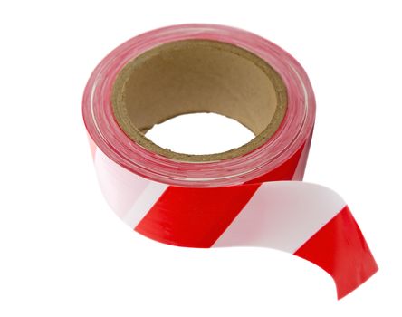 Roll of red white interdictory tape isolated on white. Clipping path included.