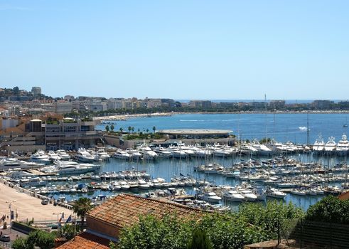 The Yacht port of Cannes, south France. View of the harbour at cannes from the old town le suquet alpes maritime provence south of france cote d'azur france.