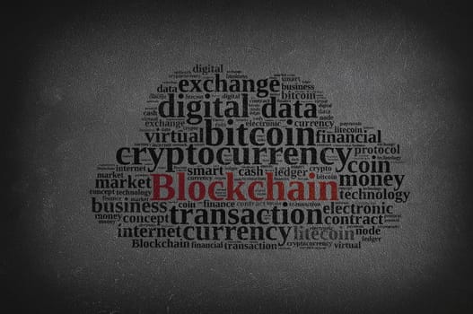 Blackboard with word cloud with the word Blockchain.3D rendering.